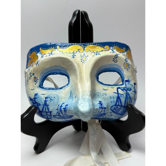 Vintage Venetian Carnival Paper Maché Blue White Hand Painted Mask Ships Sail - Picture 2 of 4